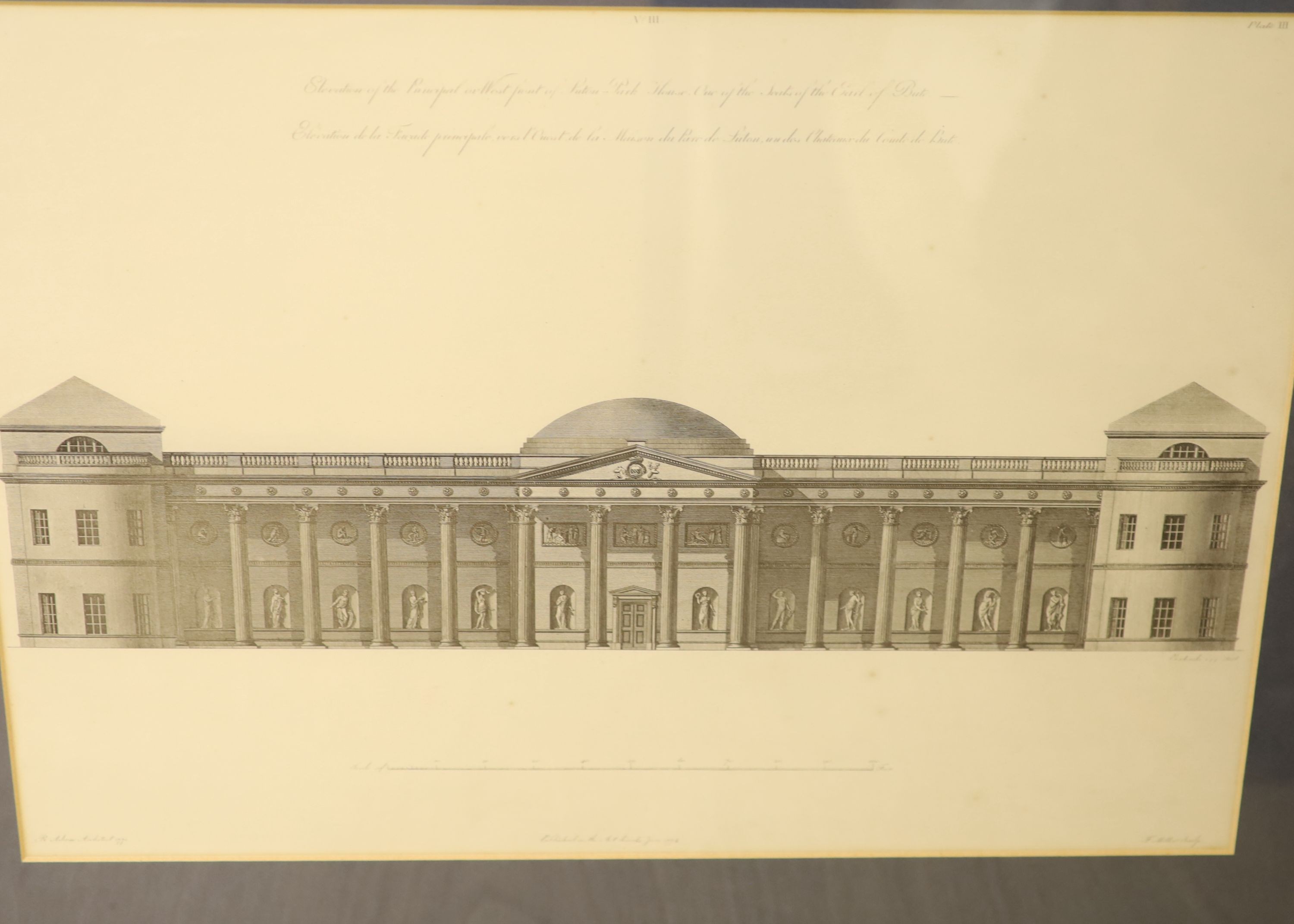 Five reprinted studies of architectural engravings, largest 33 x 46cm